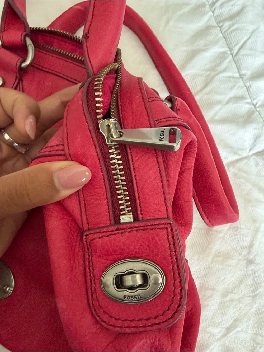 Fossil Hot Pink Leather Satchel Handbag